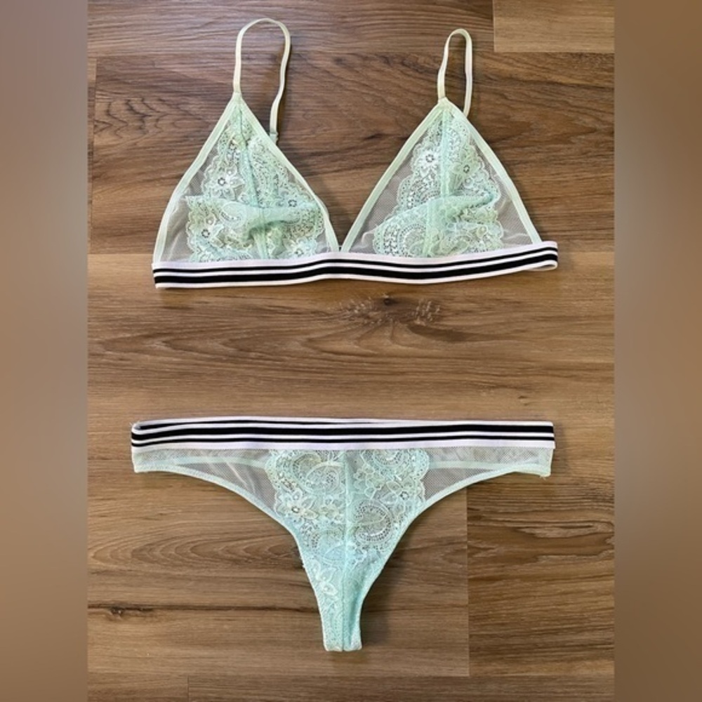 NWOT Free Press Seafoam Green Lace & Sport Lingerie Bra and Thong Set